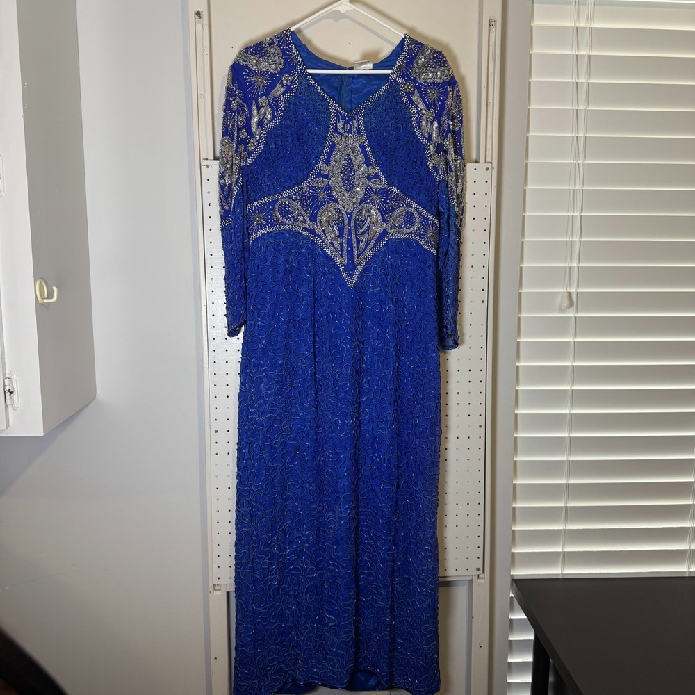 Vintage Elegance by Anuja Maxi Dress Women's 2x Royal Blue Silk Embellished Gown